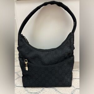 GUCCI Vintage Y2K Classic Black GG Monogram Canvas Leather Hobo Shoulder Bag